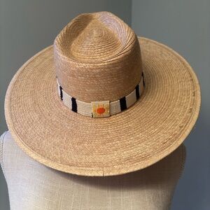 Sunshine Tienda Brenda Palm Hat, navy-striped woven band, like new, Size XS/S